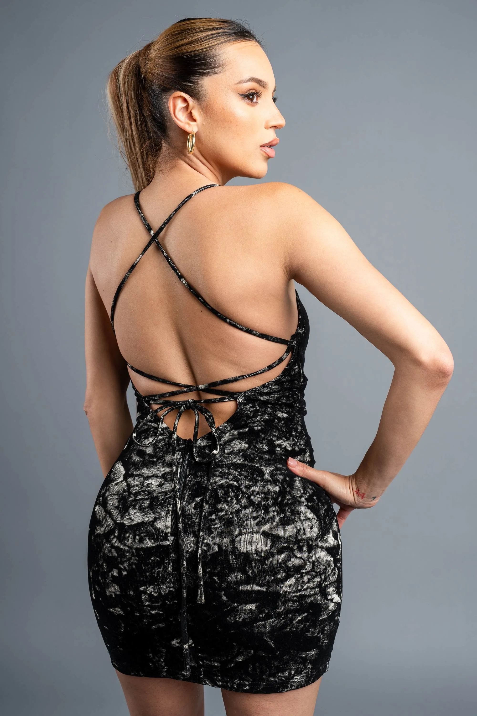 PD76616NST-W / SEXY BRUSHED PRINT MESH DRAWSTRING LACE BACK DRESS sold by privy product image thumbnail 4