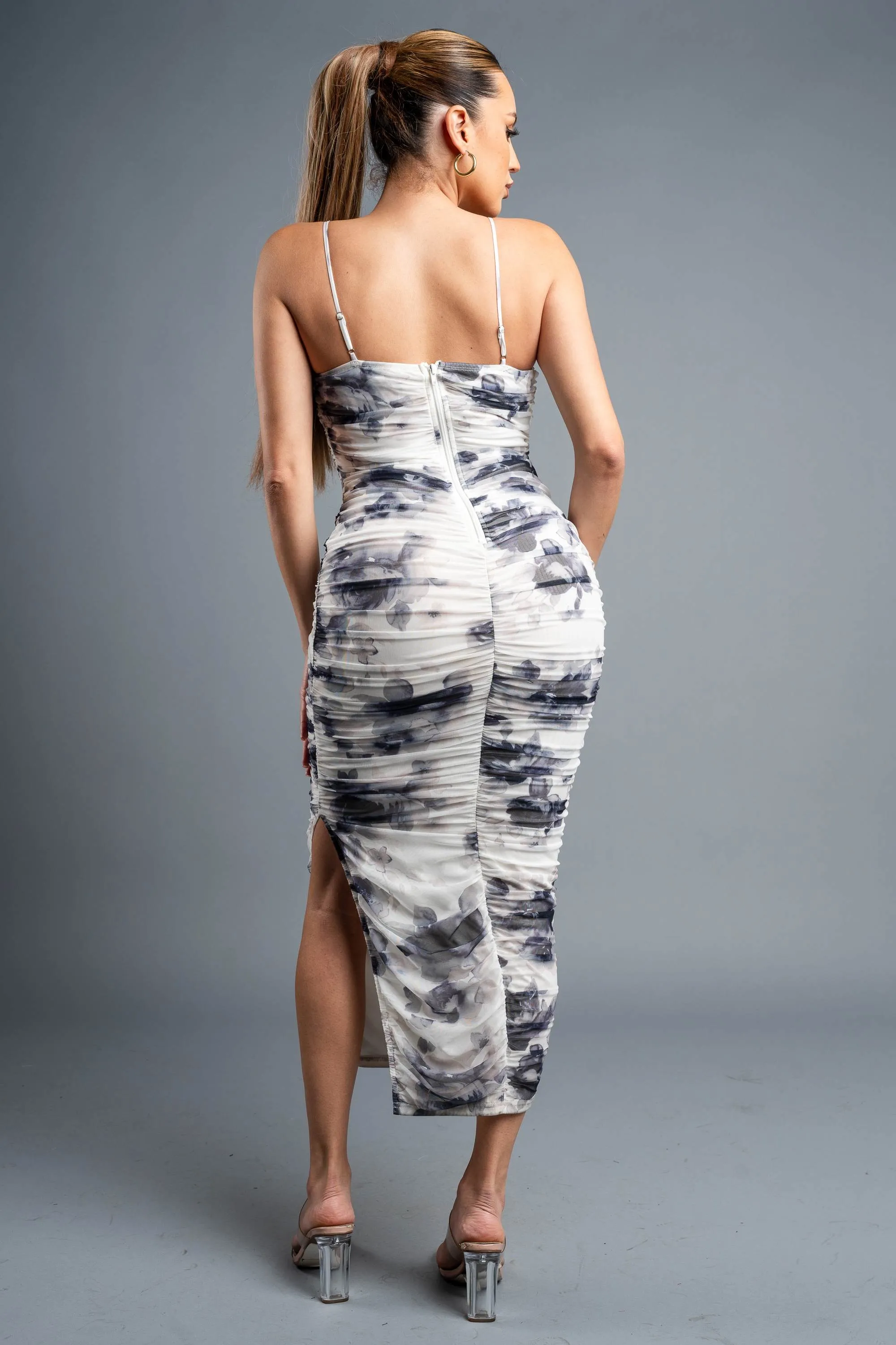 LUXE FLORAL PRINT MESH RUCHED SIDE SLIT MIDI DRESS sold by privy product image thumbnail 3