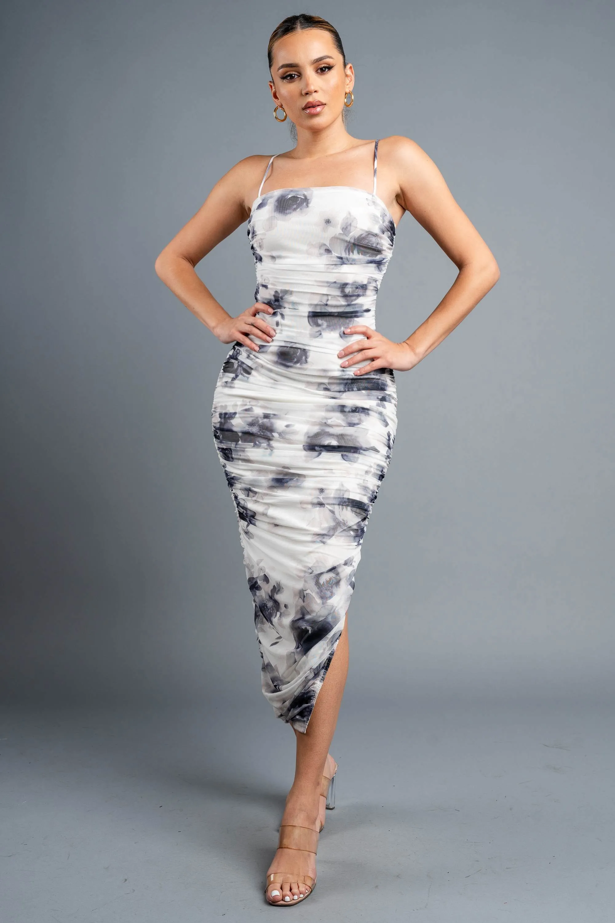 LUXE FLORAL PRINT MESH RUCHED SIDE SLIT MIDI DRESS sold by privy product image thumbnail 4