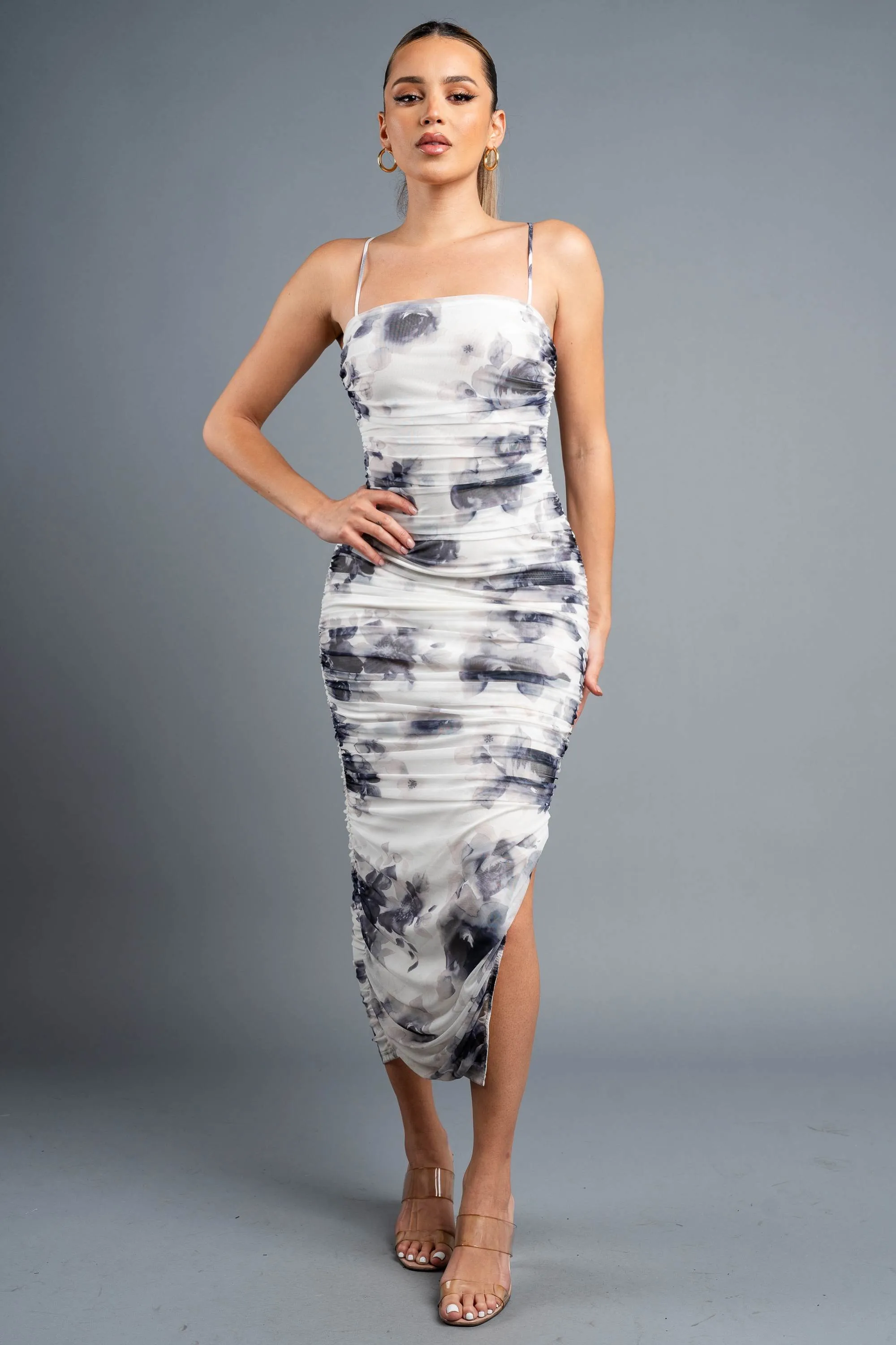 LUXE FLORAL PRINT MESH RUCHED SIDE SLIT MIDI DRESS sold by privy product image thumbnail 2