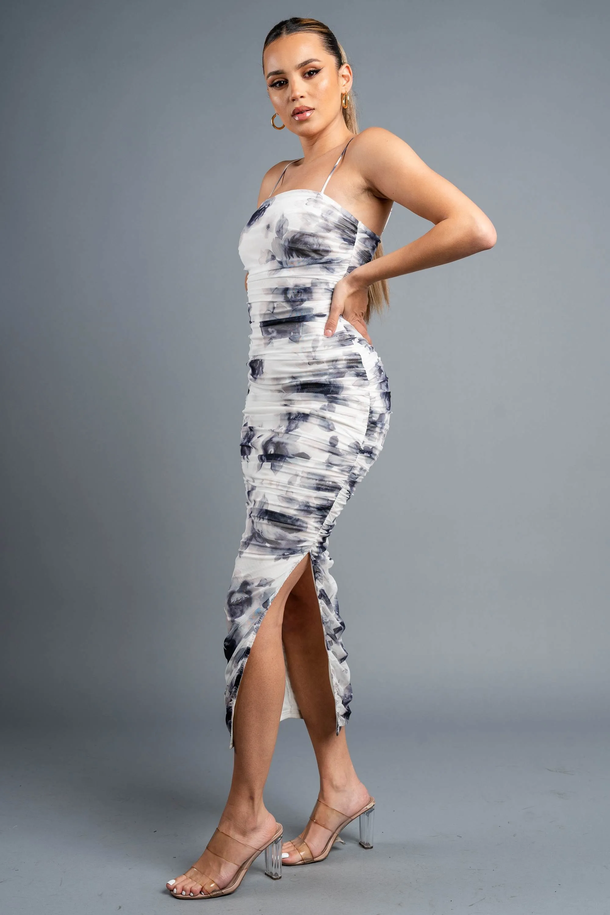 LUXE FLORAL PRINT MESH RUCHED SIDE SLIT MIDI DRESS sold by privy