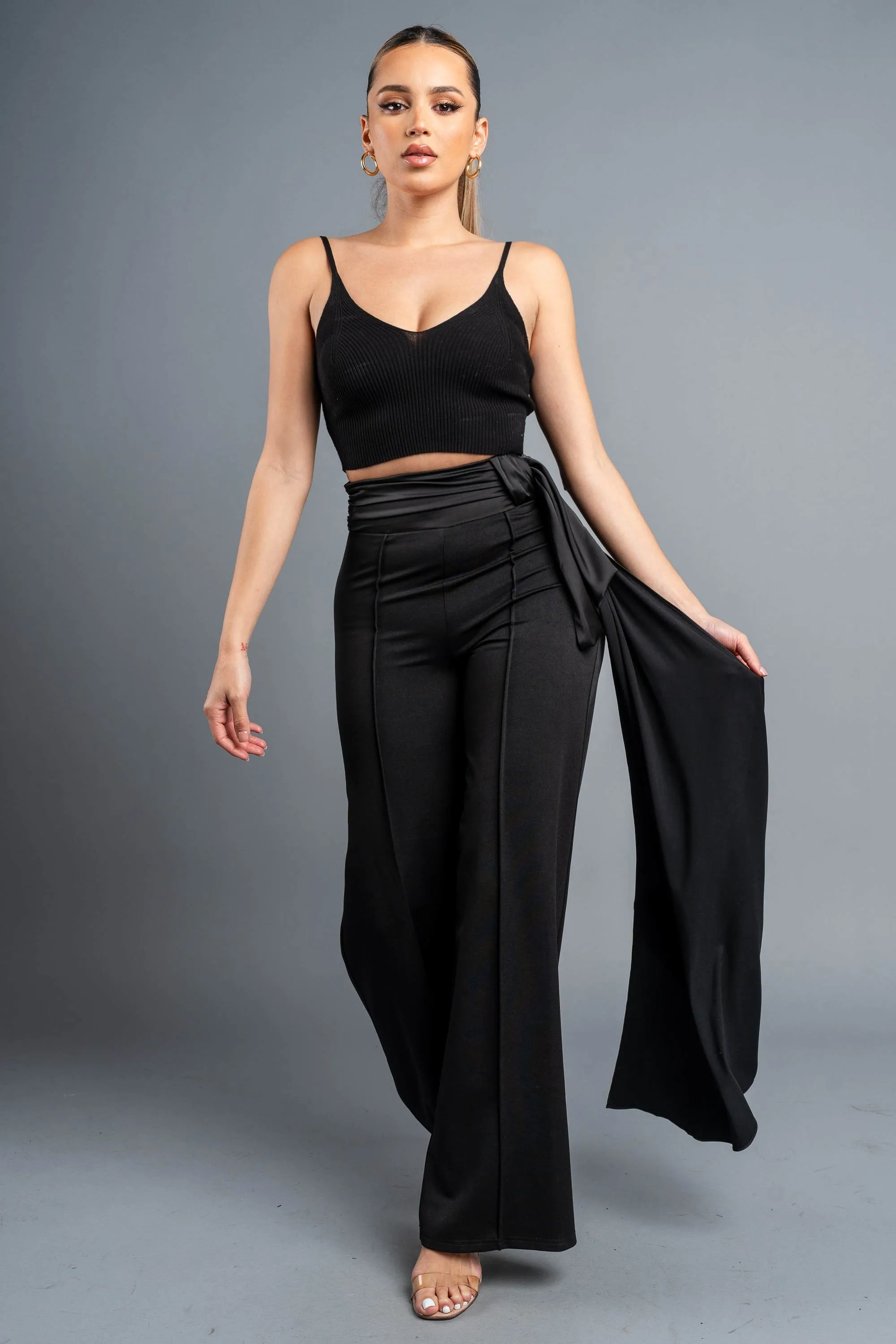 PB31782E / LUXE STRETCH TWILL WAIST TIE DRAPED WIDE LEG PANTS sold by privy