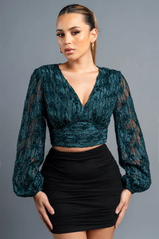 LUXE GLITTER LACE V-NECK WAIST BACK TIE CROP TOP sold by privy