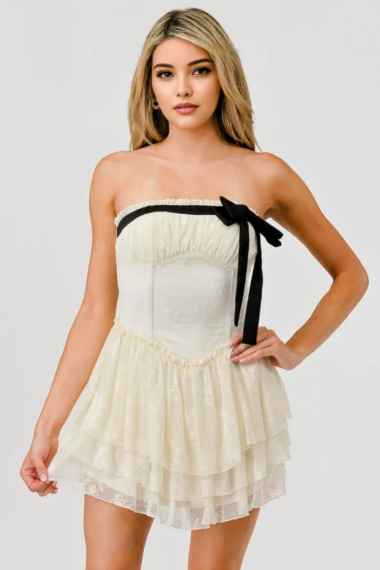 AD3984N / FLORAL DOT LACE RUFFLE TIRE W/ CONTRAST BOW DRESS made by privy