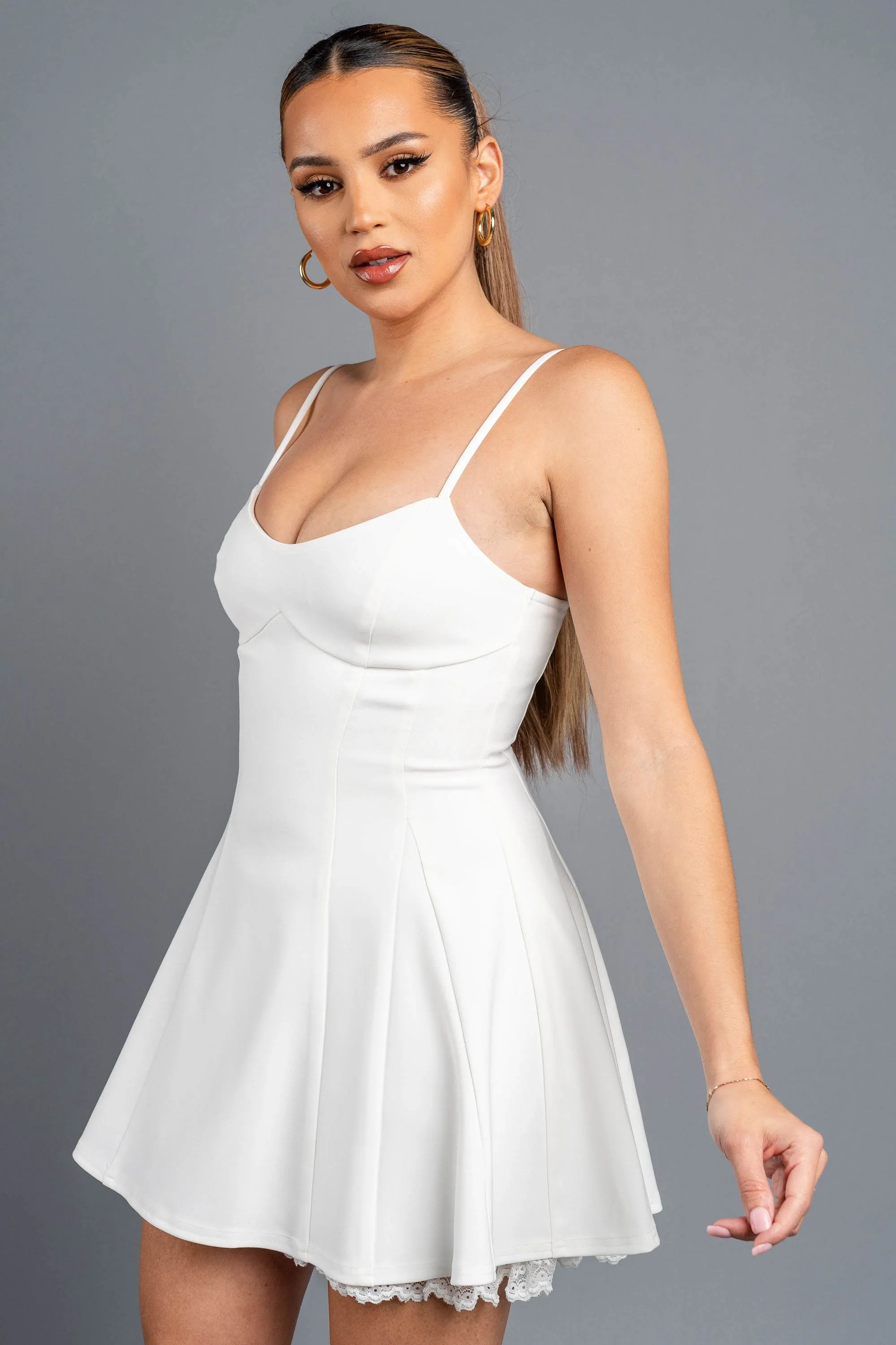 ROMANTIC STRETCH WOVEN LACE TRIM HEM SKATER DRESS sold by privy