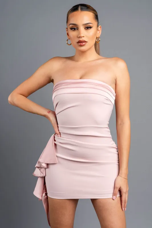 LUXE STRETCH WOVEN SIDE RUFFED TUBE MINI DRESS sold by privy