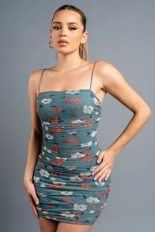 FLORAL MESH SLEEVELESS RUCHED TANK MINI DRESS sold by privy