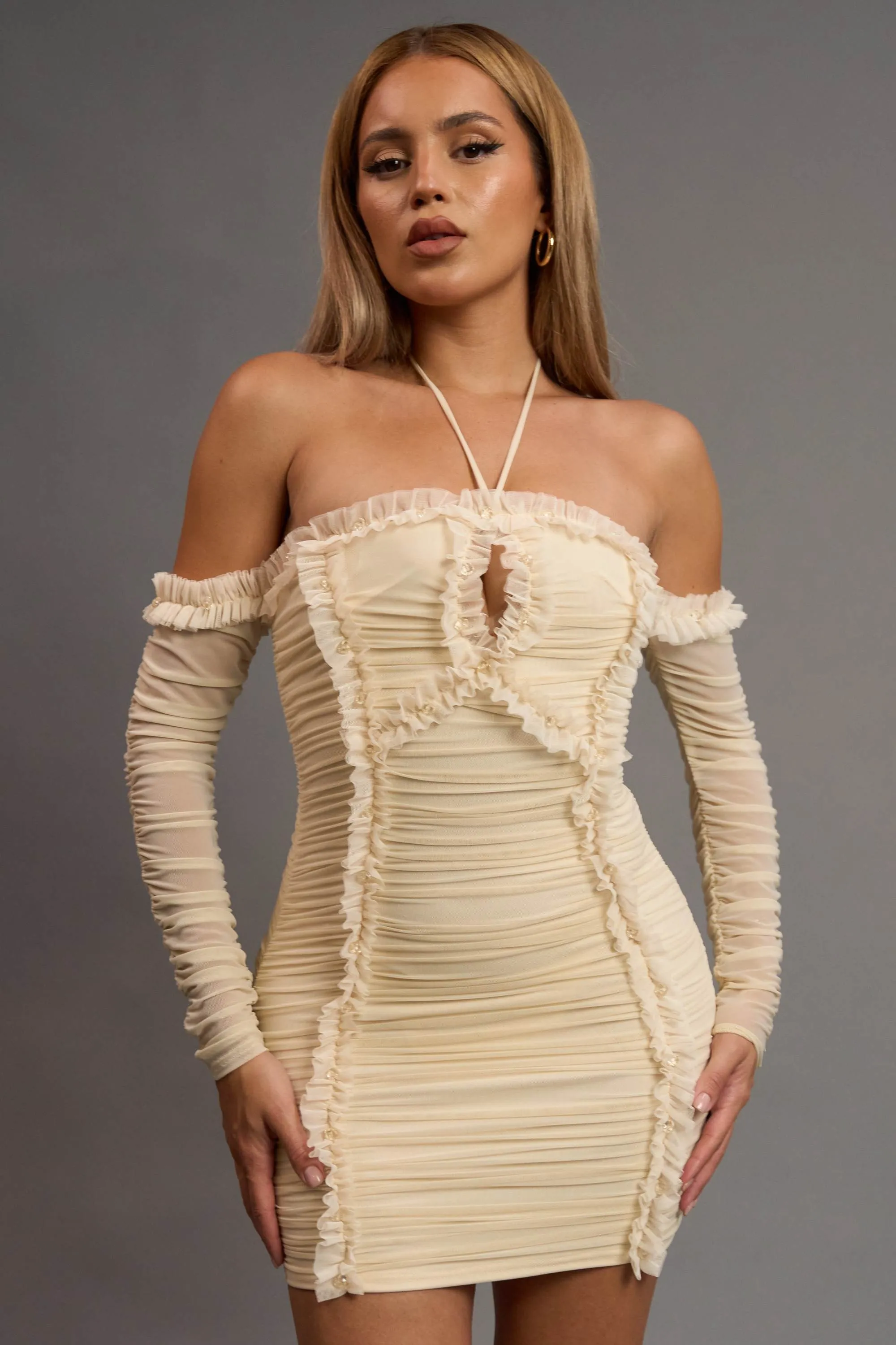 PD77772S-W / ROMANTIC RUFFLED OFF SHOULDER RUCHED MINI DRESS sold by privy