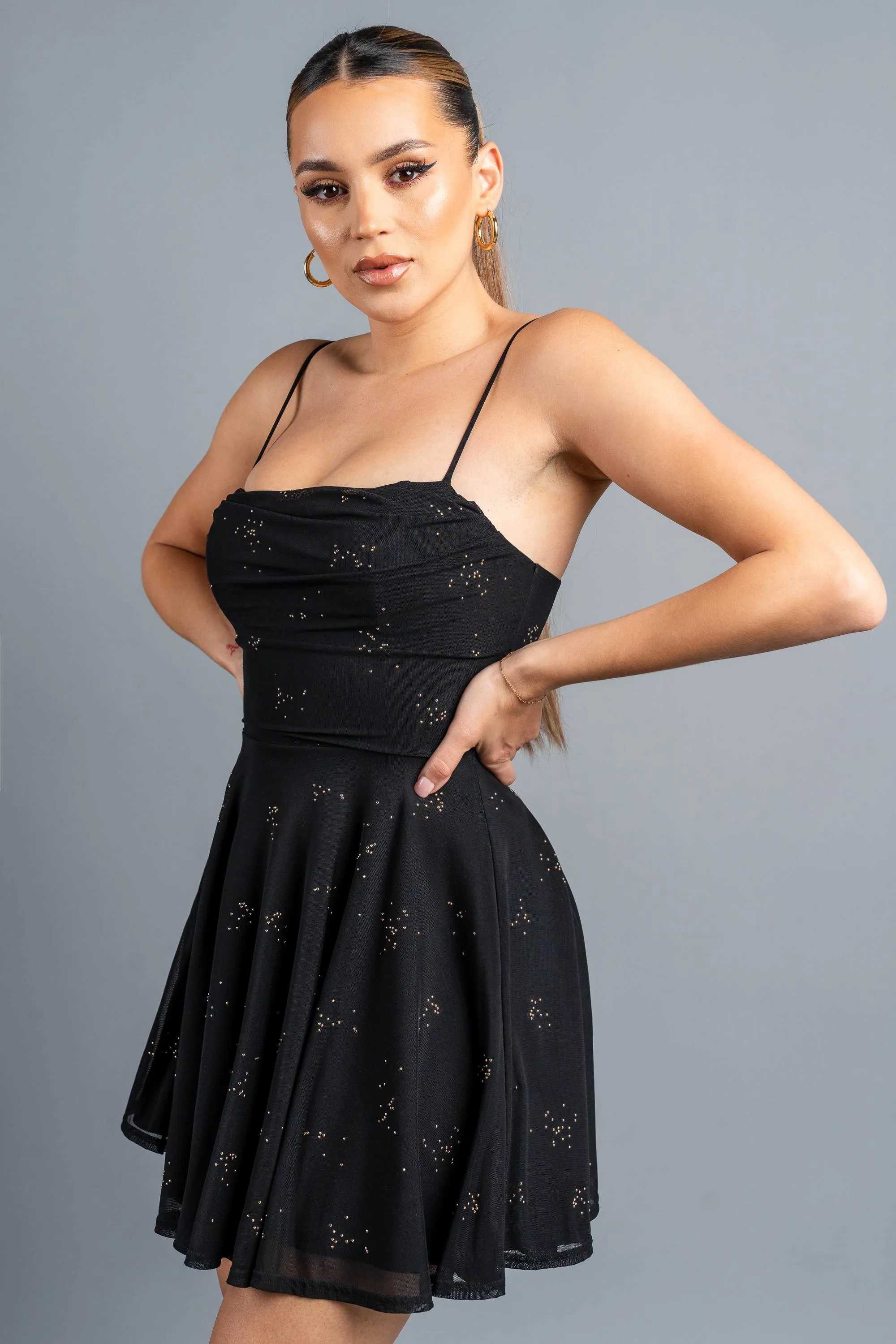 PD77749NTP / METALLIC STUDDED COWL NECK SKATER MINI DRESS sold by privy product image thumbnail 4