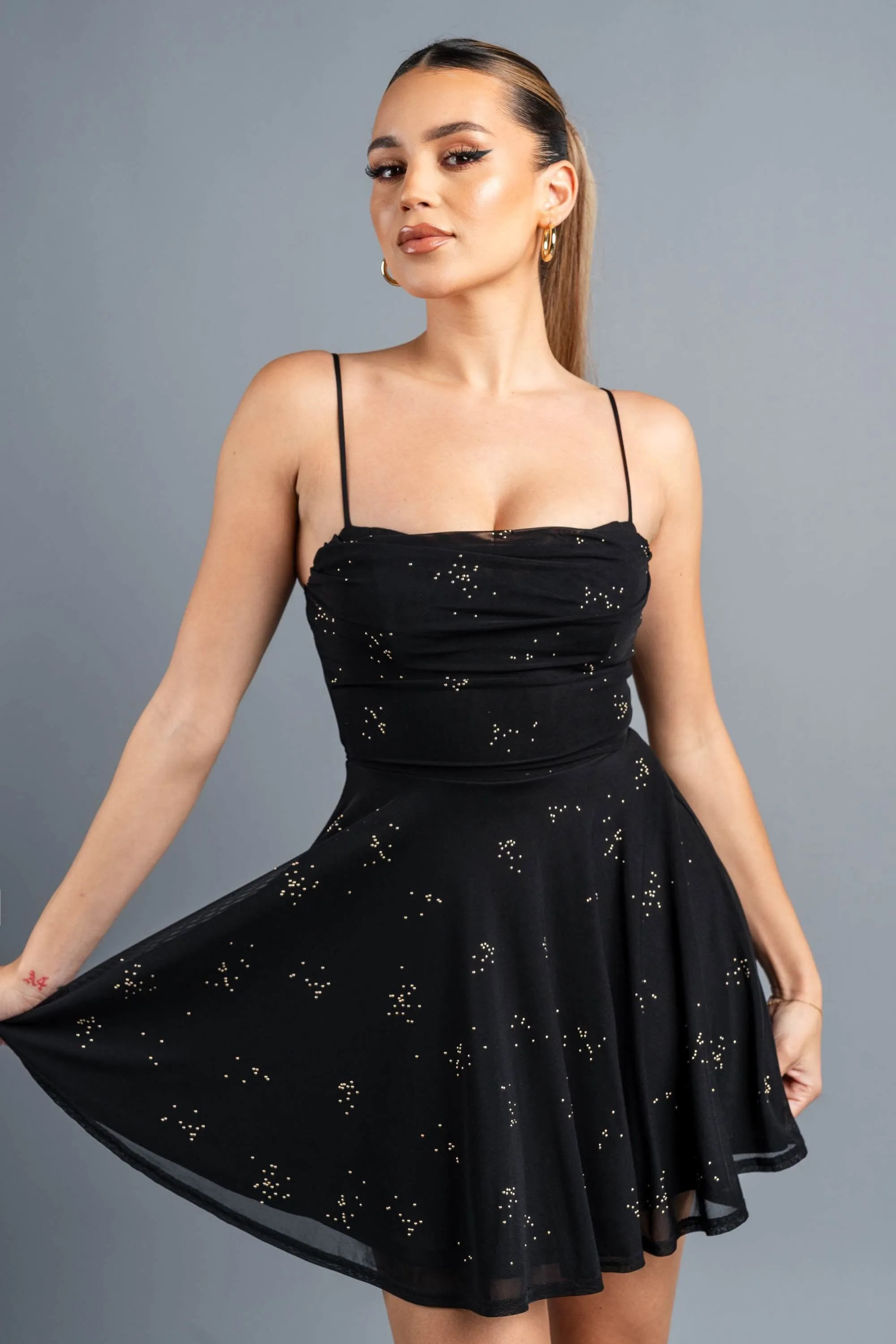 PD77749NTP / METALLIC STUDDED COWL NECK SKATER MINI DRESS sold by privy product image thumbnail 2