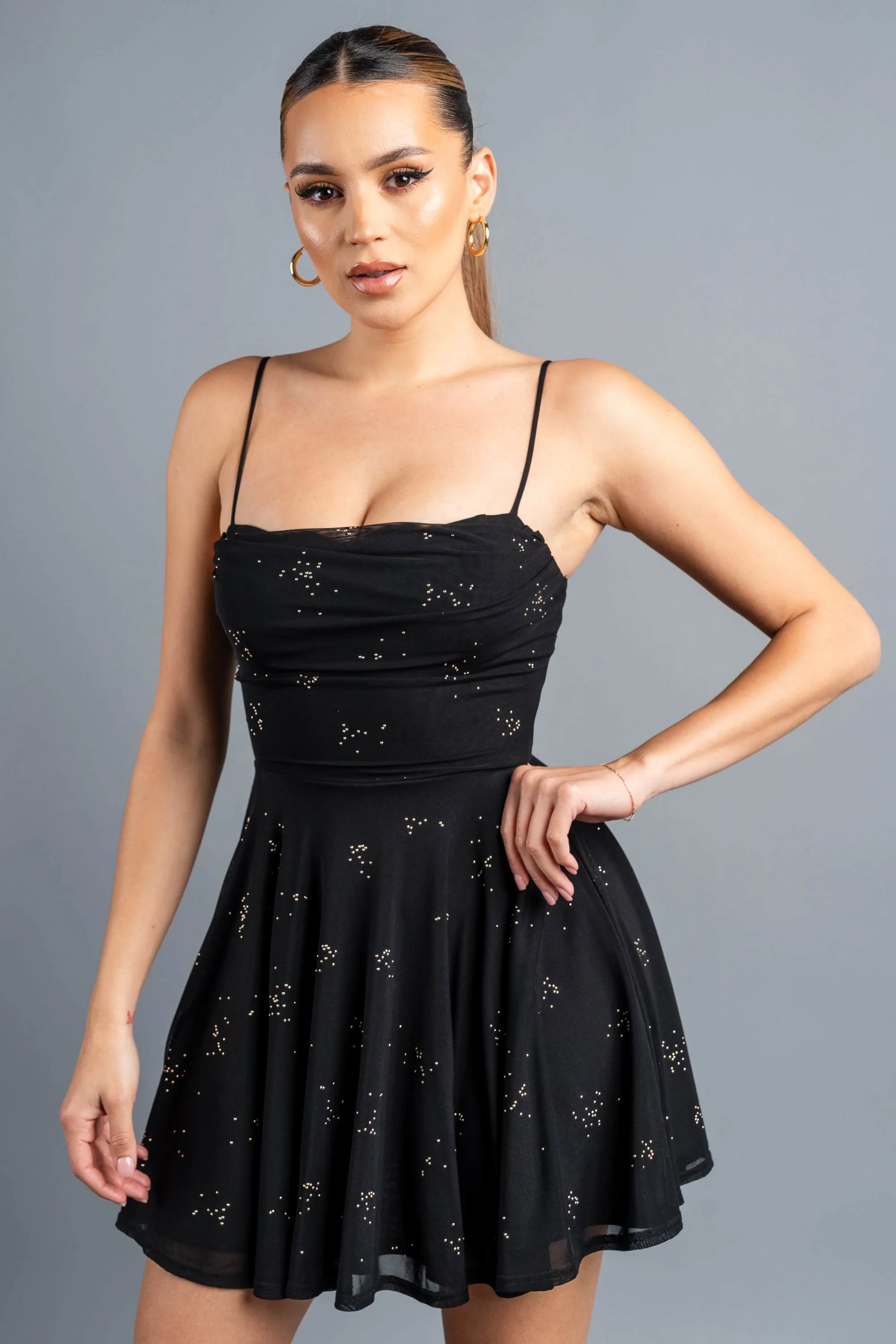 PD77749NTP / METALLIC STUDDED COWL NECK SKATER MINI DRESS sold by privy product image thumbnail 3
