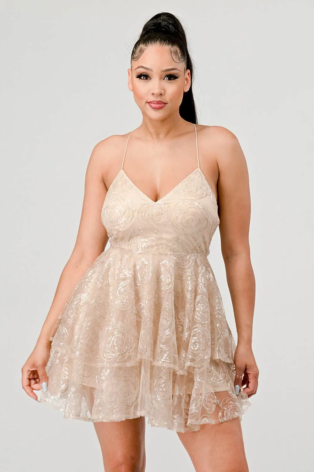 PD73538B / ROSE PATTERN SEQUINS DRAWSTRING TULLE MINI DRESS sold by privy product image thumbnail 3