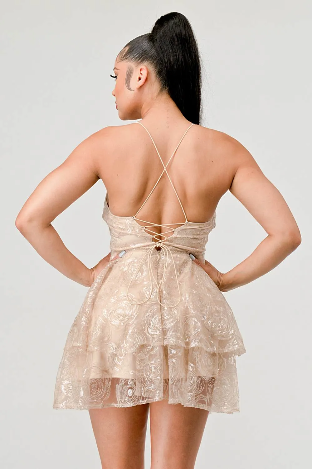 PD73538B / ROSE PATTERN SEQUINS DRAWSTRING TULLE MINI DRESS sold by privy product image thumbnail 5