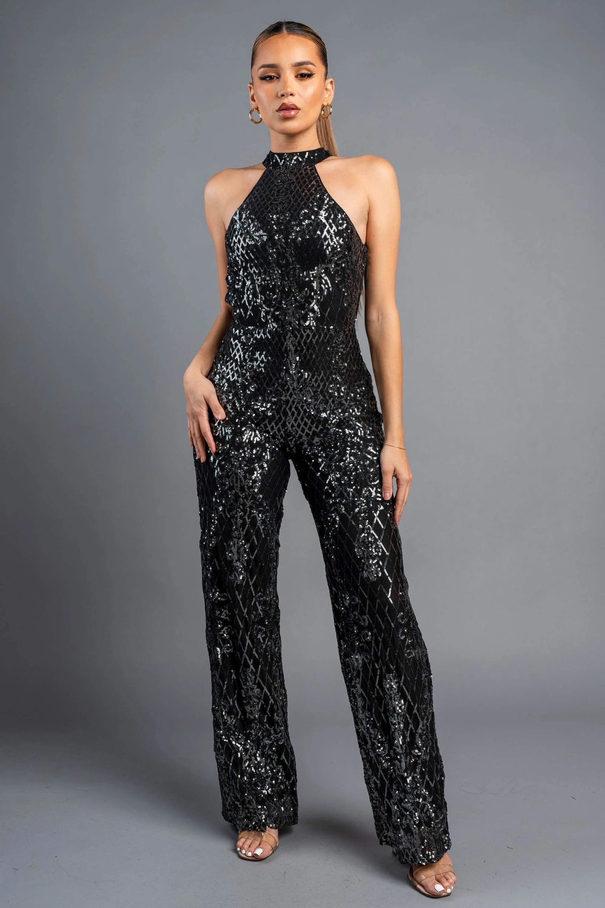 LUXE SEQUINS HALTER MOCK NECK WIDE LEGS JUMPSUIT sold by privy product image thumbnail 3