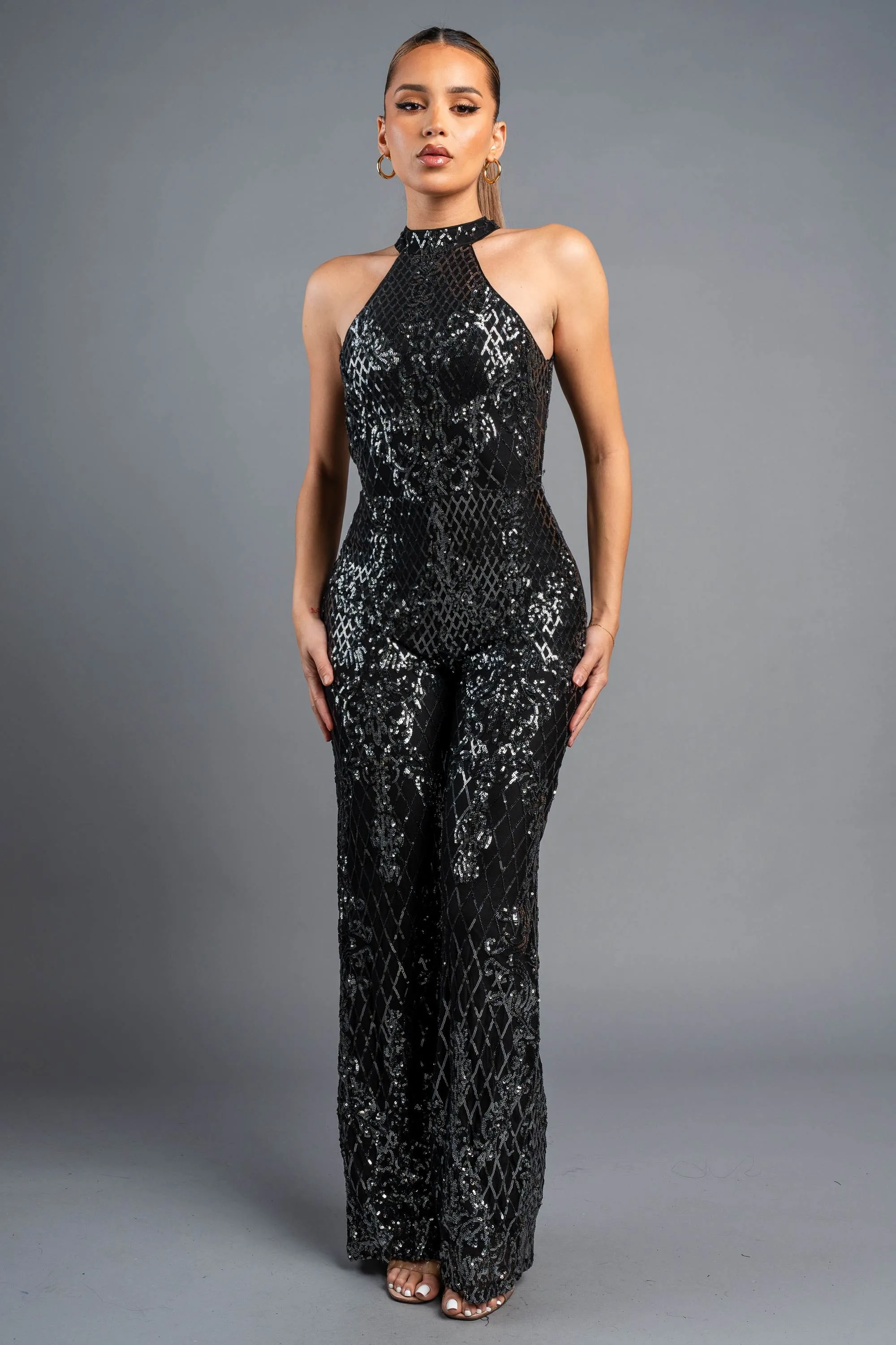 LUXE SEQUINS HALTER MOCK NECK WIDE LEGS JUMPSUIT sold by privy product image thumbnail 5