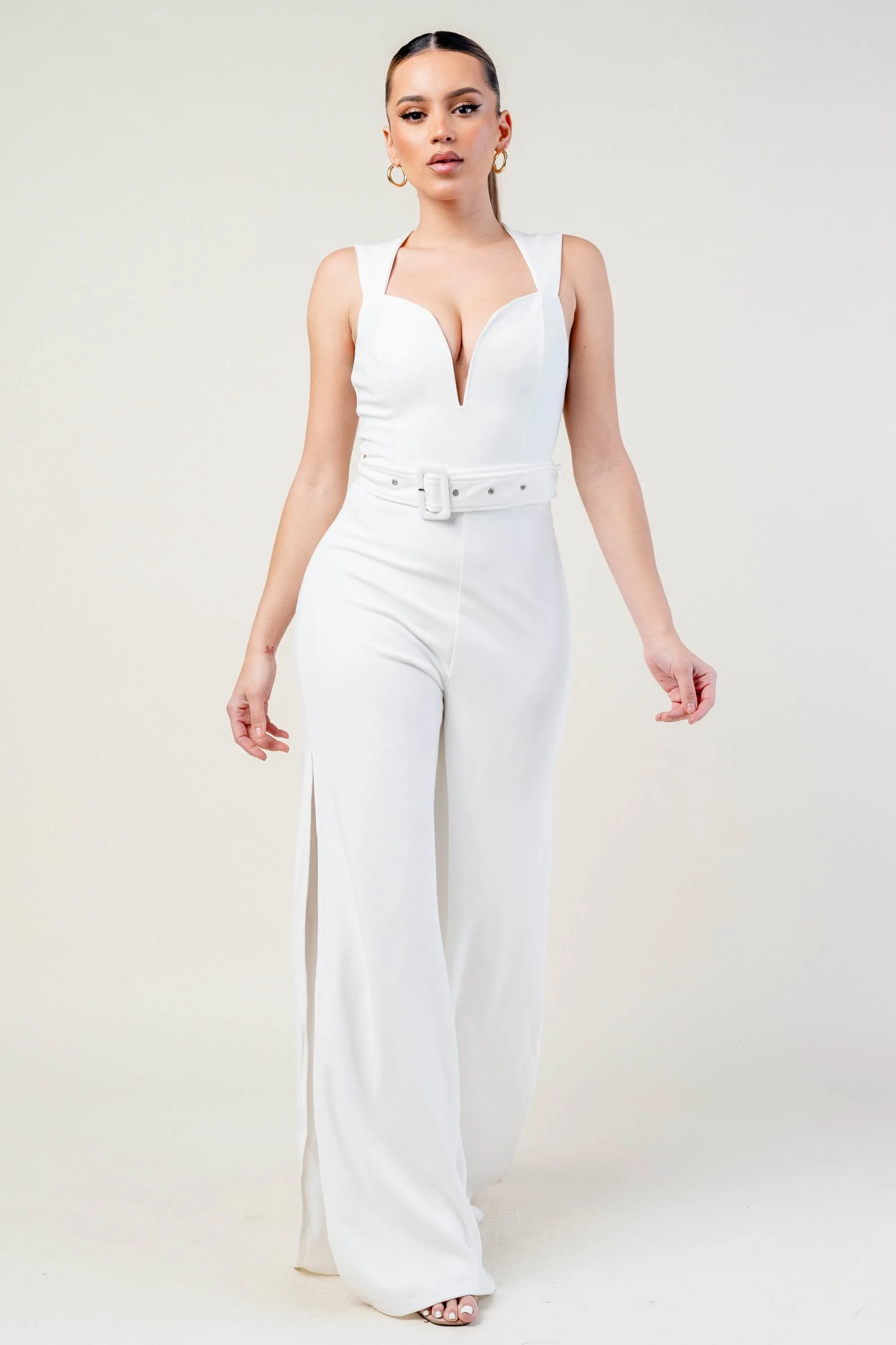 PJ10651KL-W / LUXE DEEP SWEETHEART BELT SLIT WIDE LEGS JUMPSUIT sold by privy