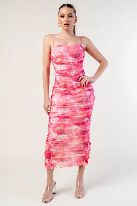 PD78420NTP / ROMANTIC FLORAL MESH SLEEVELESS RUCHED MAXI DRESS sold by privy