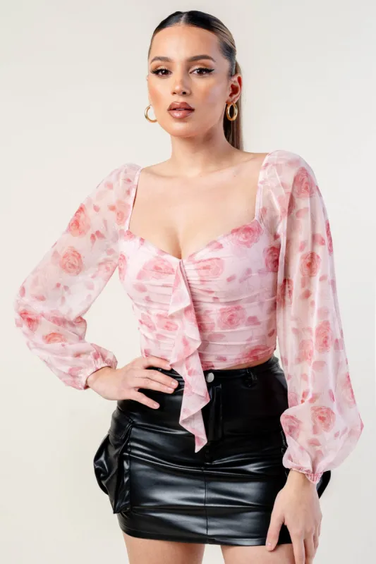 ROMANTIC FLORAL PRINT GLITTER RUFFLE CROPPED TOP sold by privy