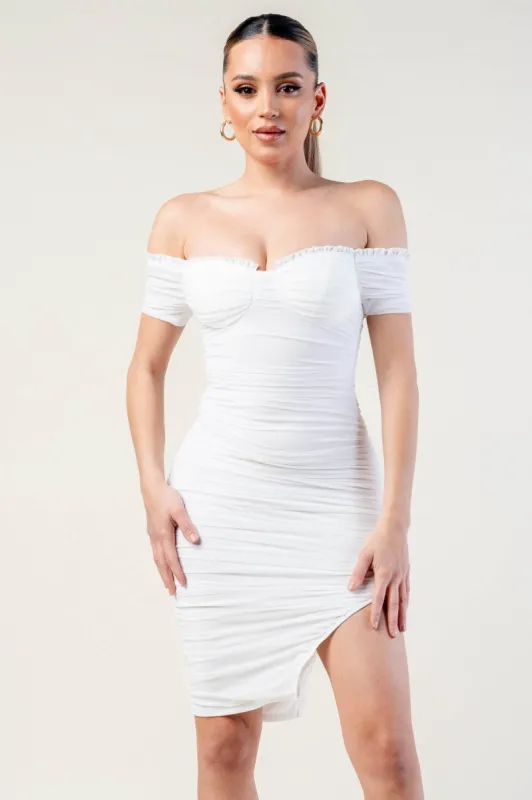LUXE MESH OFF SHOULDER RUCHED KNEE LENGTH DRESS sold by privy