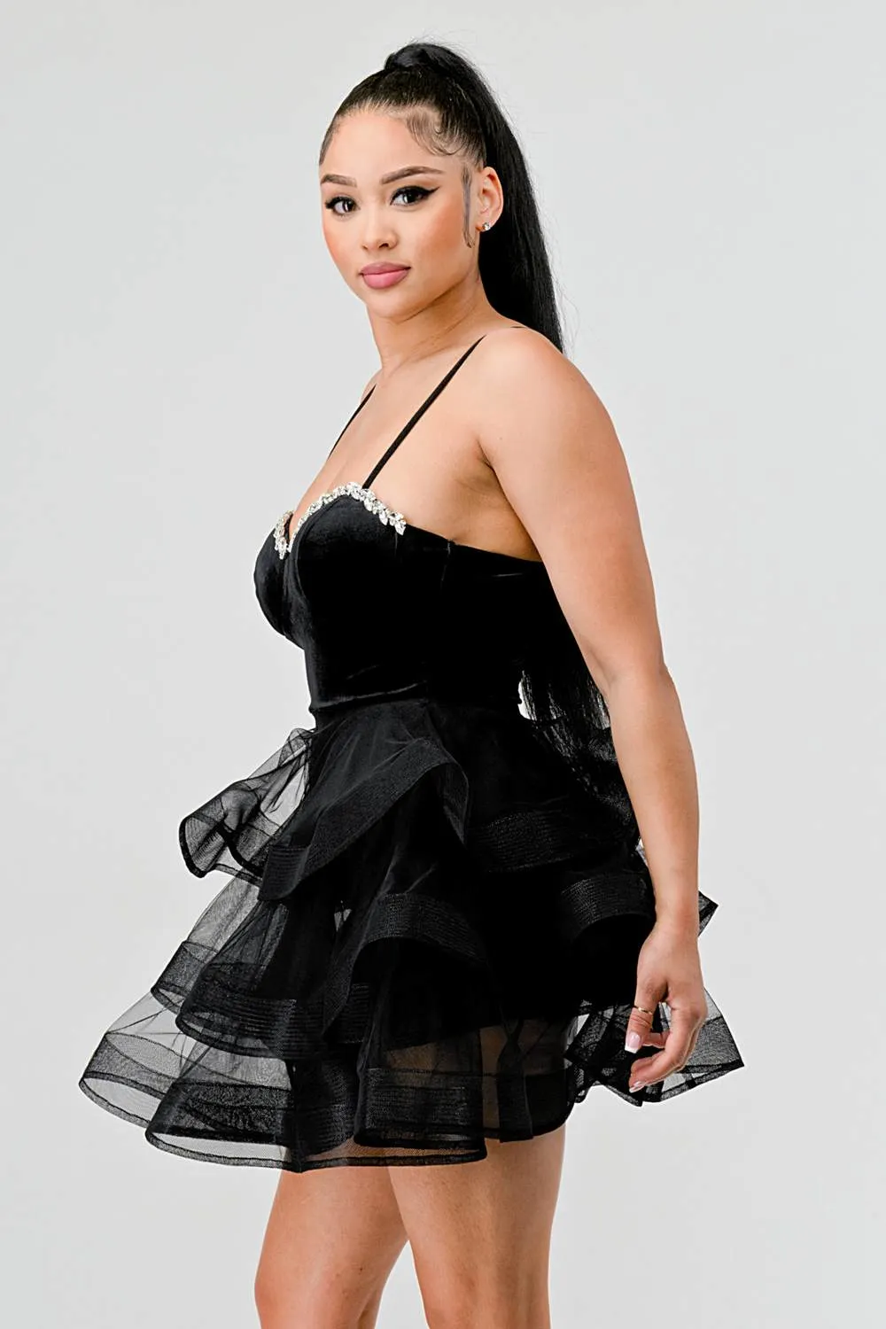 LUXE VELVET EMBELLISHED BUST SHEER RUFFLE DRESS sold by privy product image thumbnail 3