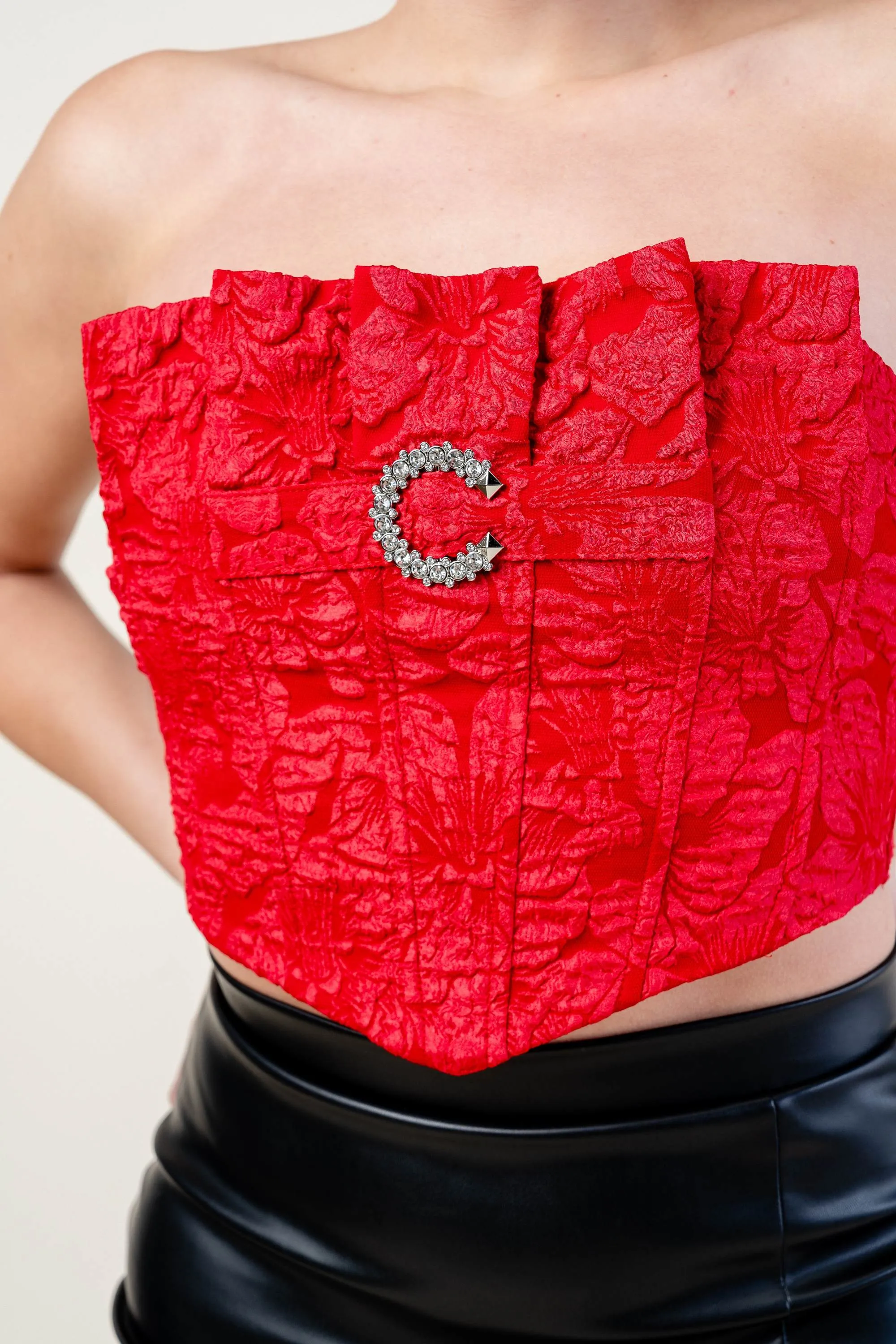 LUXE STRETCH SATIN JACQUARD RUFFLED BUSTIER TOP sold by privy product image thumbnail 5