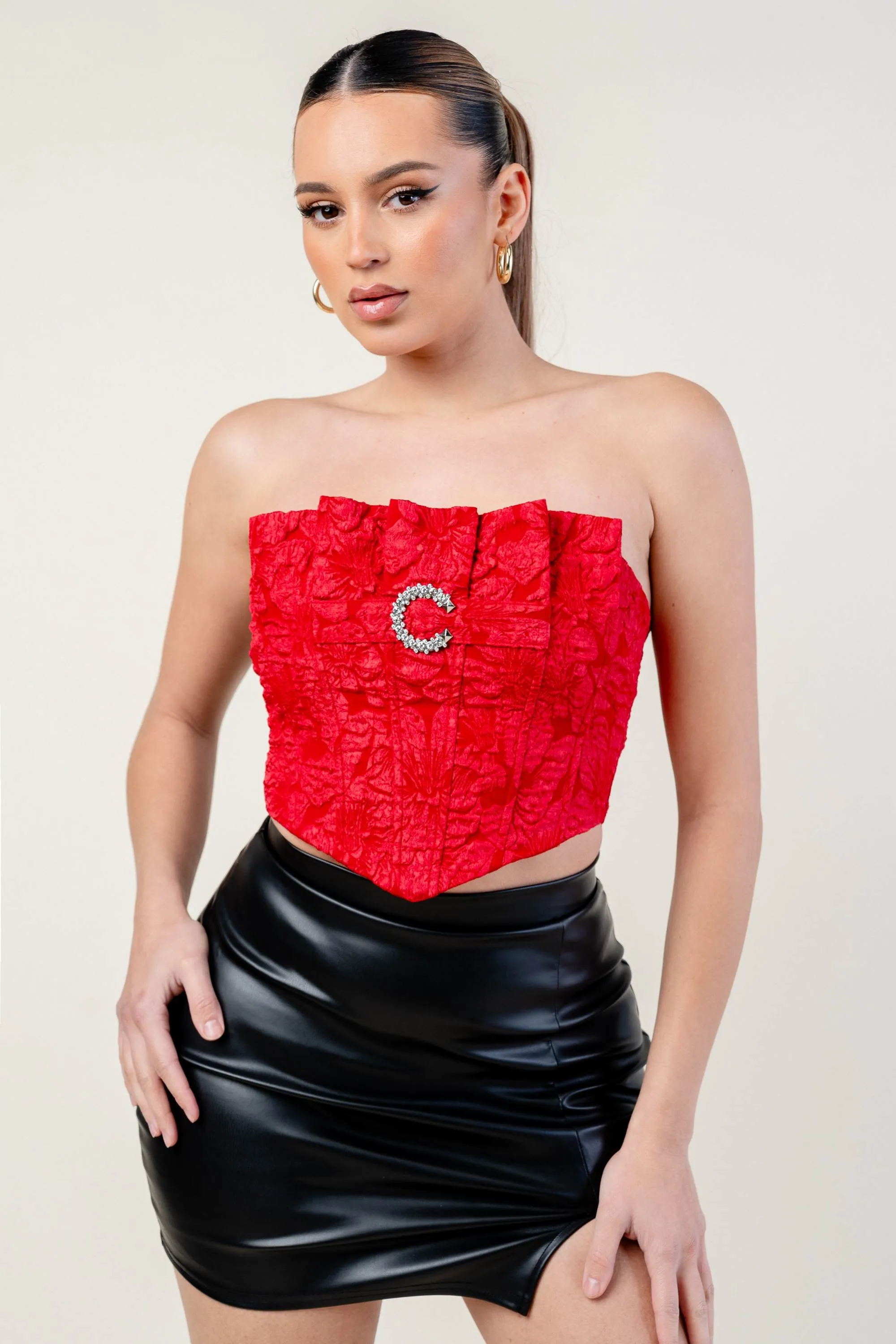 LUXE STRETCH SATIN JACQUARD RUFFLED BUSTIER TOP sold by privy