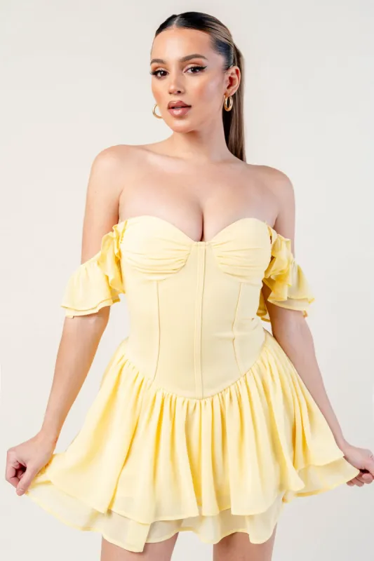 PD78137B / ADORABLE SOLID OFF SHOULDER RUFFLED MINI DRESS sold by privy