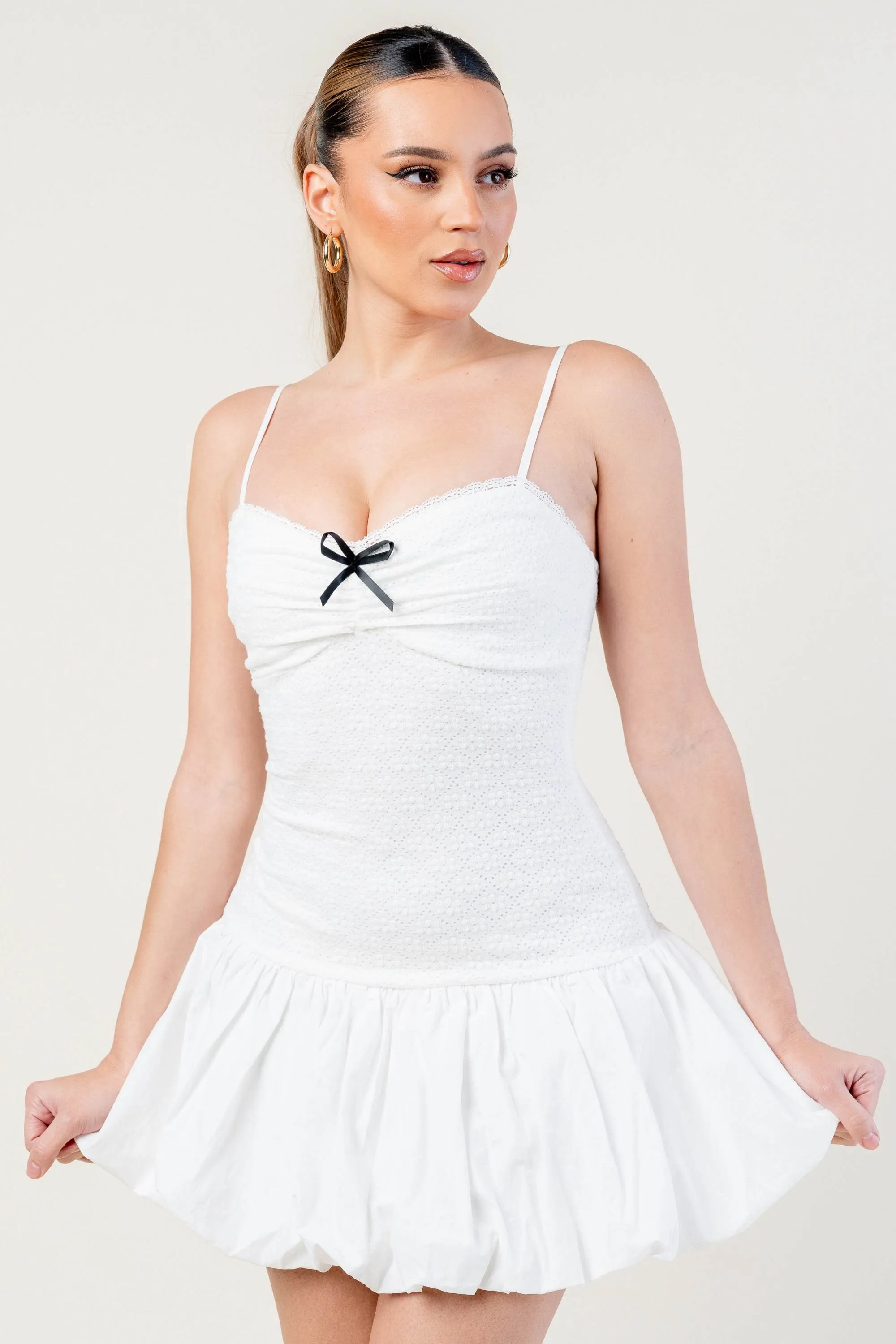 PD78019S-W / STRETCH LACE POPLIN BLACK BOW BUBBLE MINI DRESS sold by privy