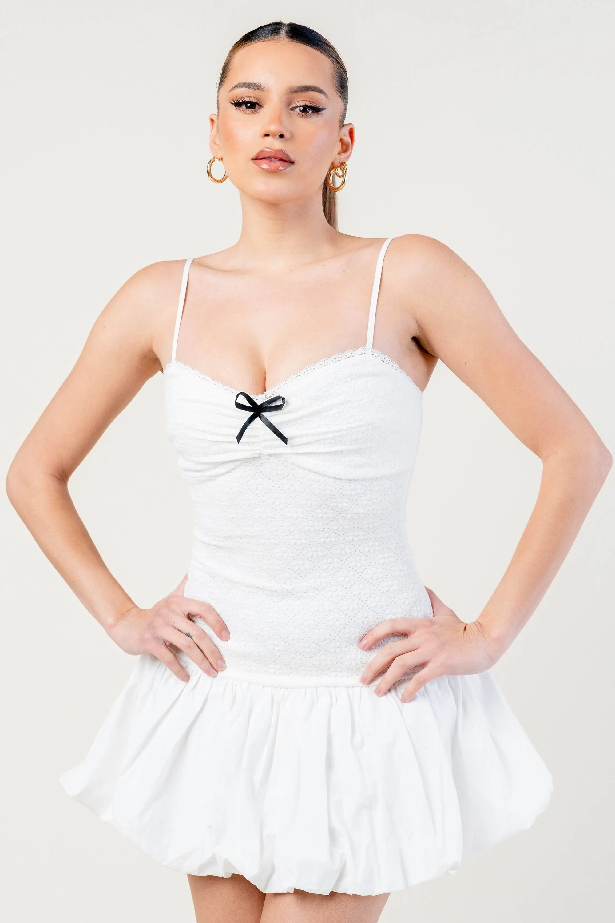 PD78019S-W / STRETCH LACE POPLIN BLACK BOW BUBBLE MINI DRESS sold by privy product image thumbnail 2