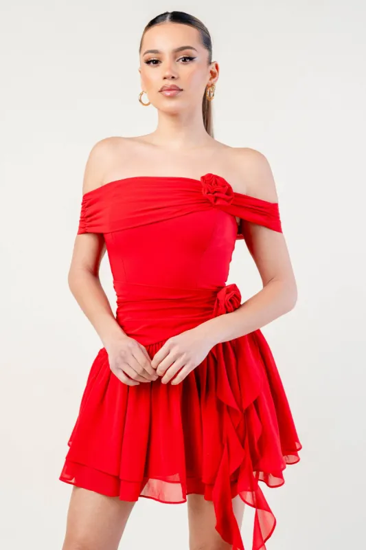 ROSETTES CHELSEA CHIFFON OFF SHOULDER MINI DRESS sold by privy