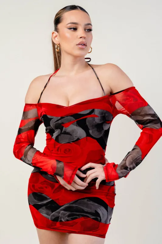 ABSTRACT ROSE PRINT MESH OFF SHOULDER MINI DRESS sold by privy