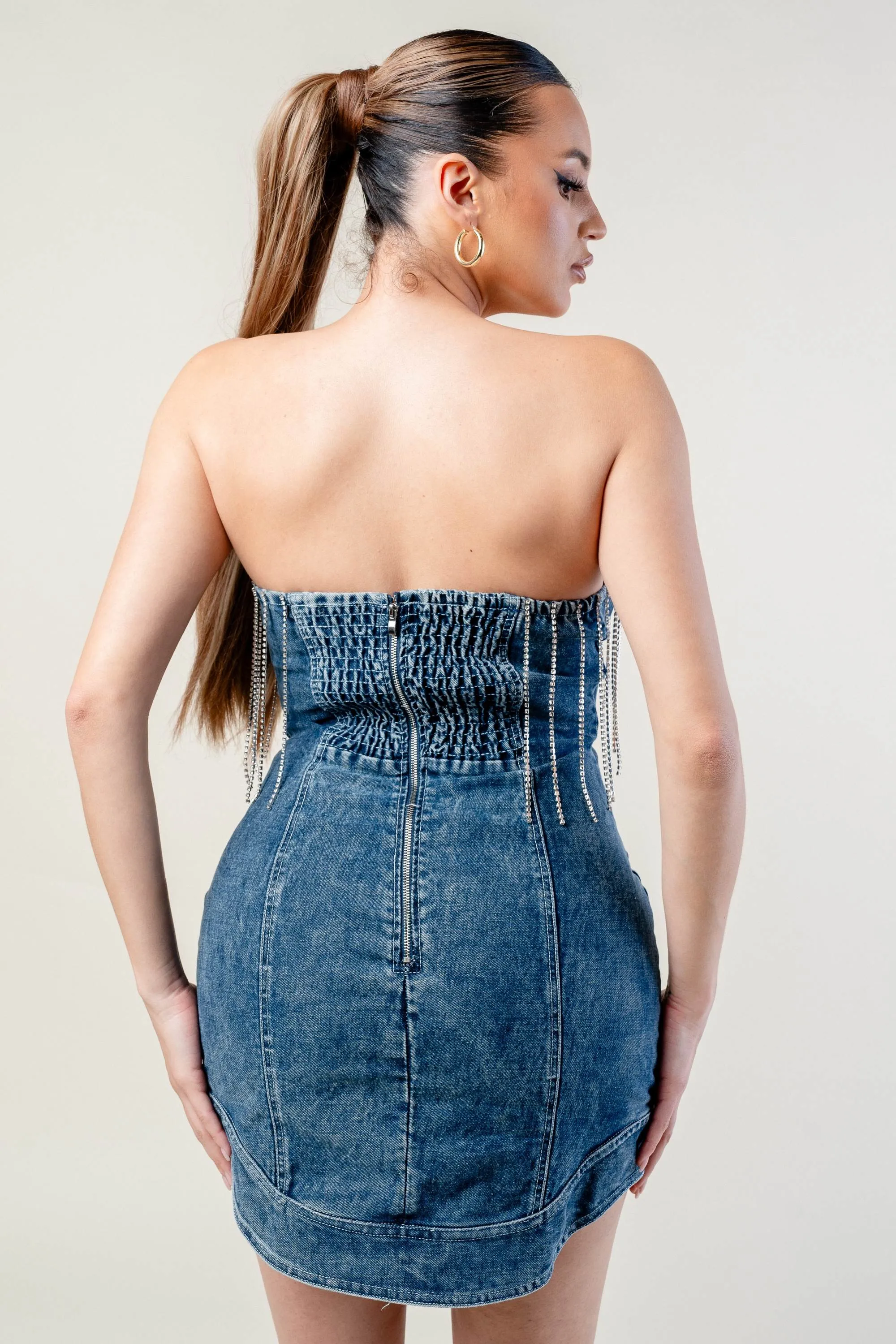 AD3476N / LUXE DENIM RHINESTONE FRINGE SWEETHEART TUBE DRESS sold by privy product image thumbnail 3