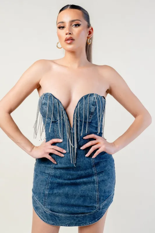 AD3476N / LUXE DENIM RHINESTONE FRINGE SWEETHEART TUBE DRESS sold by privy