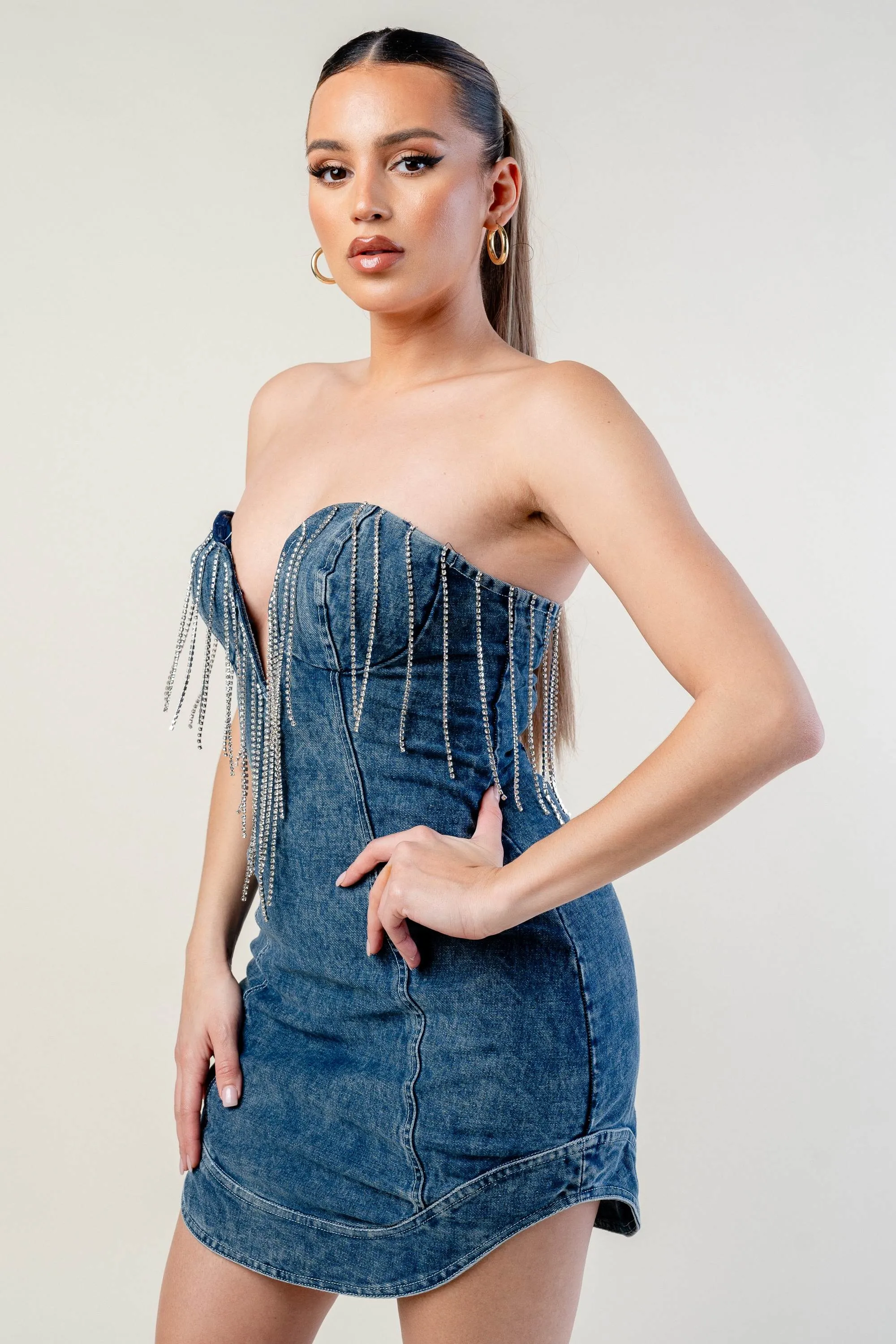 AD3476N / LUXE DENIM RHINESTONE FRINGE SWEETHEART TUBE DRESS sold by privy product image thumbnail 2