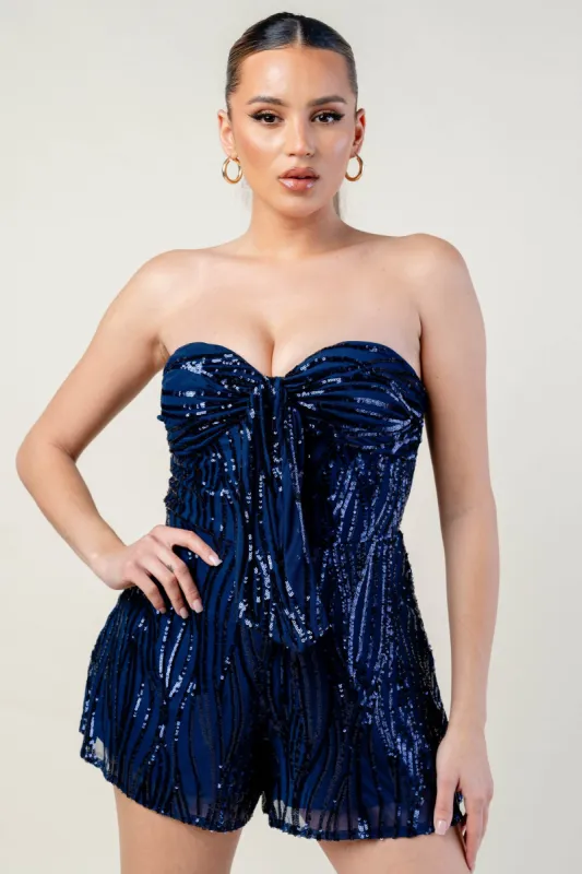 SEQUINS OFF SHOULDER SWEETHEART KNOT ROMPER made by privy