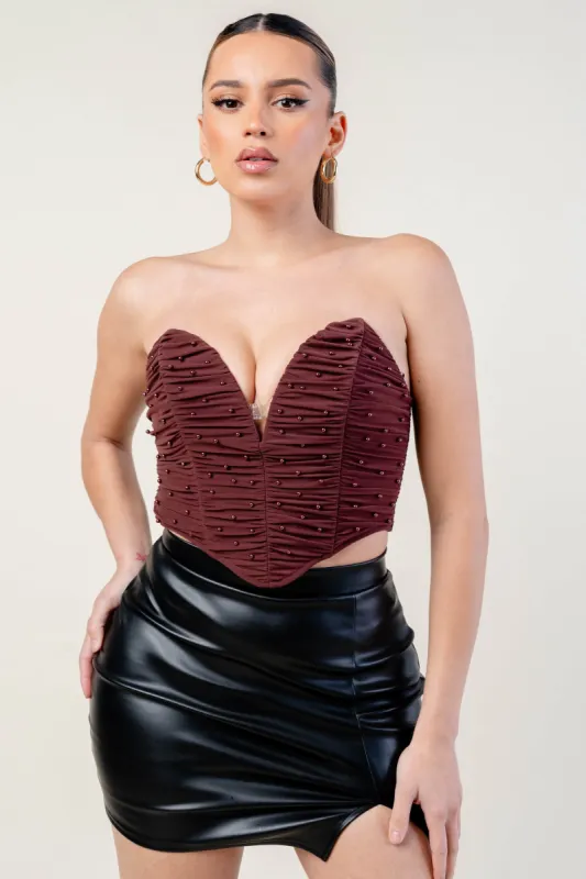 LUXE PEARL MESH HEART SHAPED BUSTIER CROPPED TOP sold by privy