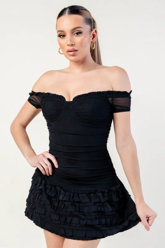 EDGE MESH OFF SHOULDER RUFFLED TIERED MINI DRESS made by privy