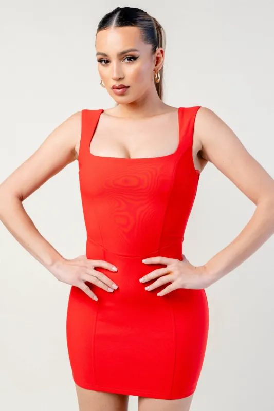 LUXE STRETCH WOVEN SQUARE NECK BODYCON MINI DRESS made by privy