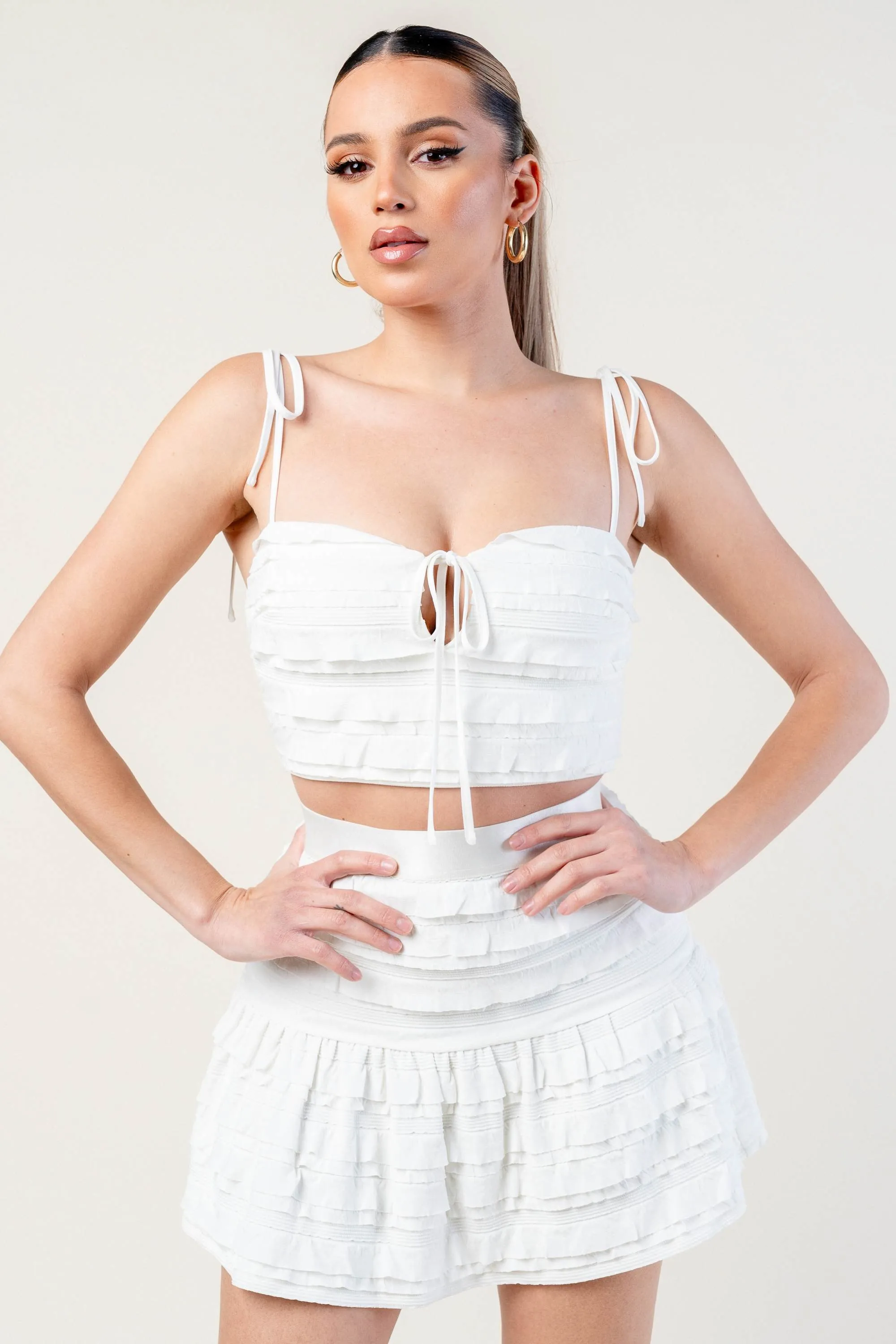 PS9689S-W / RUFFLE KNIT BOW STRAPS CAMI TANK TOP & SKIRT SETS sold by privy