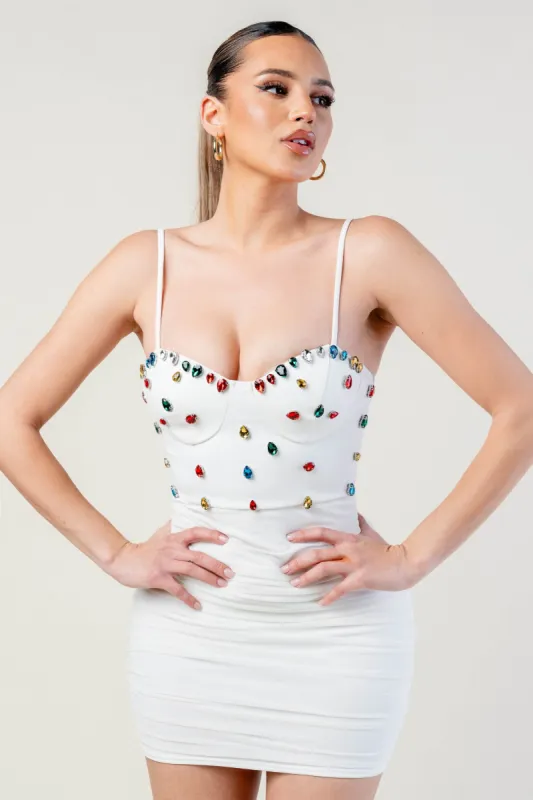 SEXY COLORFUL RHINESTONE BUSTIER RUCHED MINI DRESS sold by privy