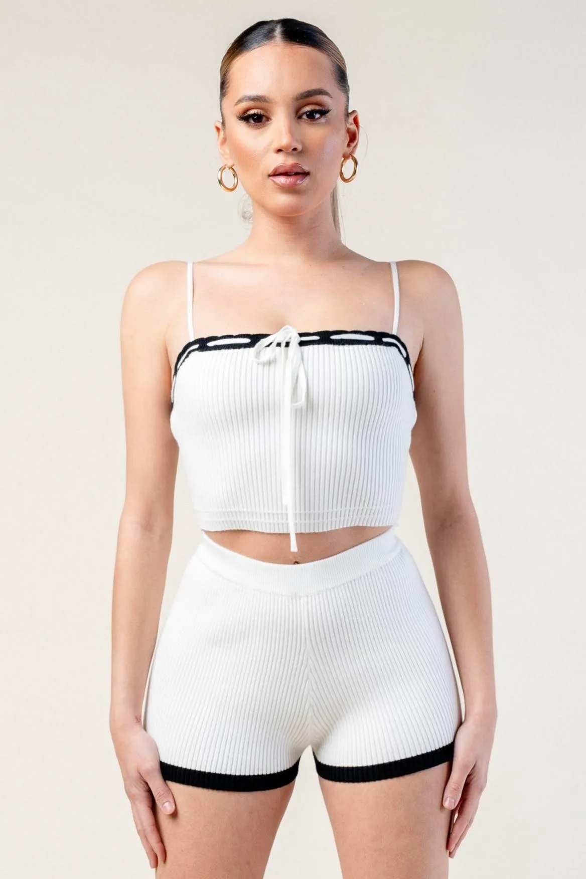 PS9707B-W / TWO TONE RIB SWEATER CAMI TANK TOP & SHORTS SET sold by privy
