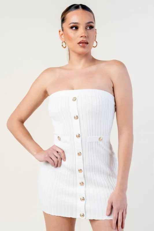 CHIC SWEATER RIB GOLD BUTTON DOWN TUBE MINI DRESS made by privy