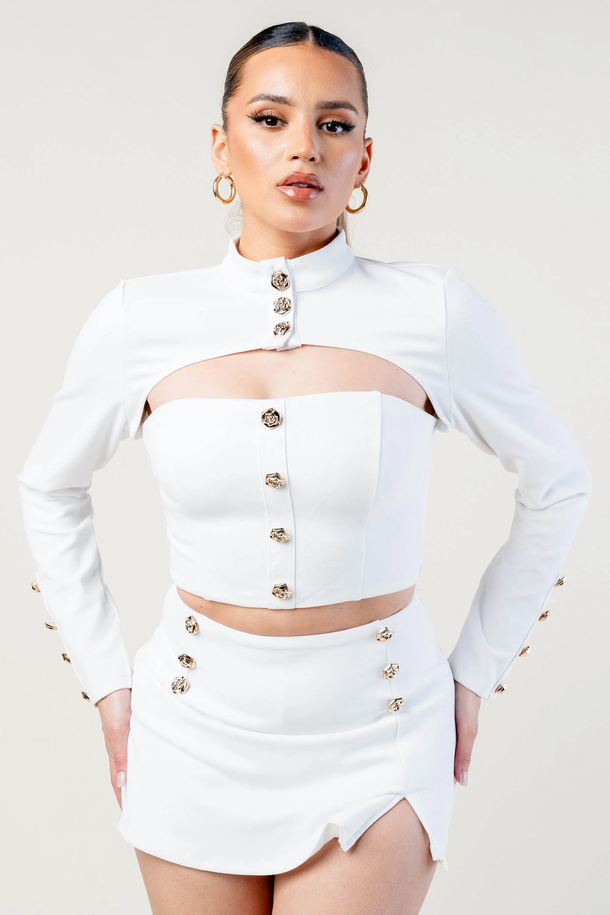 LUXE BUTTON DOWN BOLERO CROP TOP & MINI SKIRT SETS sold by privy product image thumbnail 2