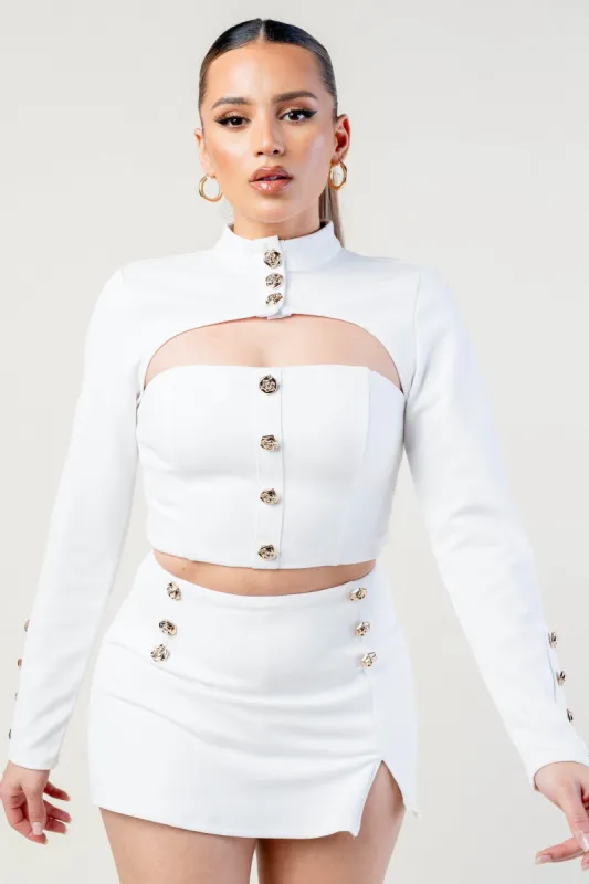 LUXE BUTTON DOWN BOLERO CROP TOP & MINI SKIRT SETS sold by privy
