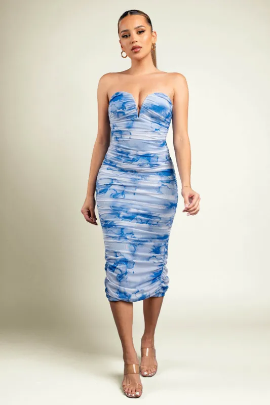 ROMANTIC FLORAL PRINT MESH RUCHED TUBE MIDI DRESS sold by privy