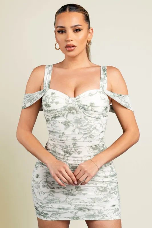 ROMANTIC FLORAL MESH PRINT SWEETHEART MINI DRESS sold by privy