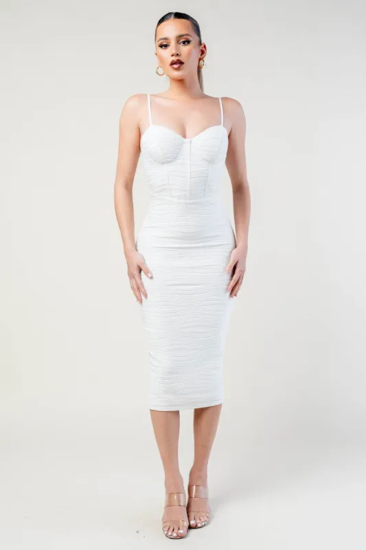 LUXE JACQUARD STRETCH KNIT RUCHED MIDI DRESS sold by privy