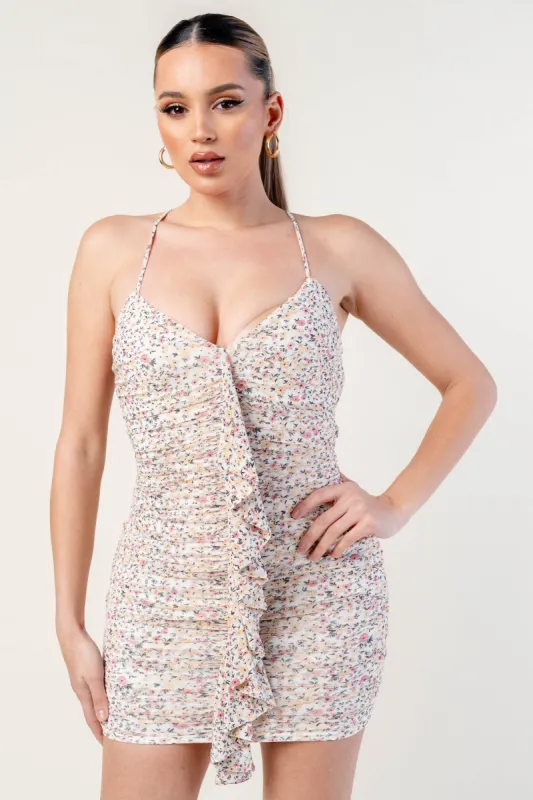 PD77353K-W / FLORAL PRINT MESH RUFFLED DRAPED RUCHED MINI DRESS sold by privy