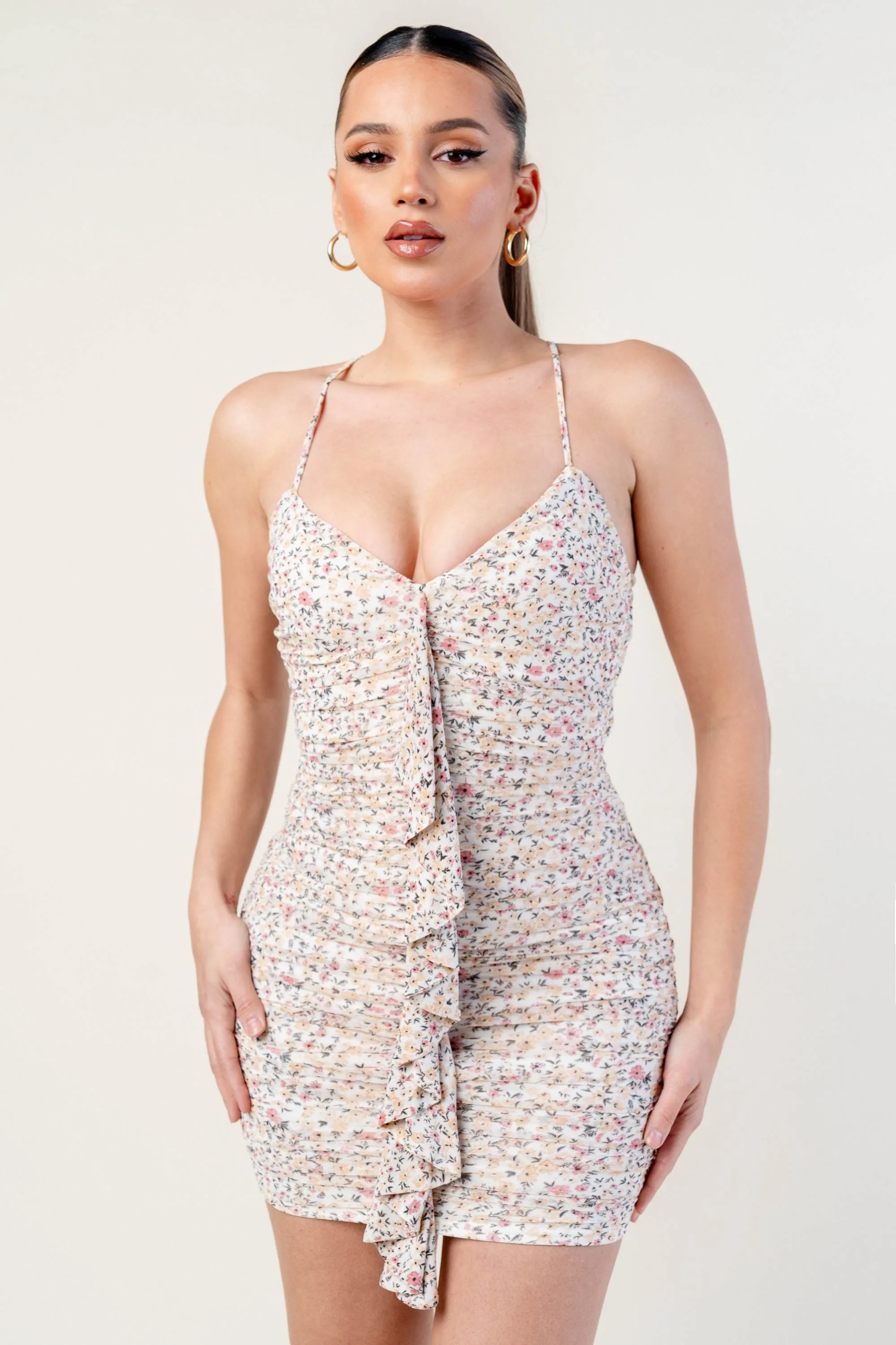 PD77353K-W / FLORAL PRINT MESH RUFFLED DRAPED RUCHED MINI DRESS sold by privy product image thumbnail 2