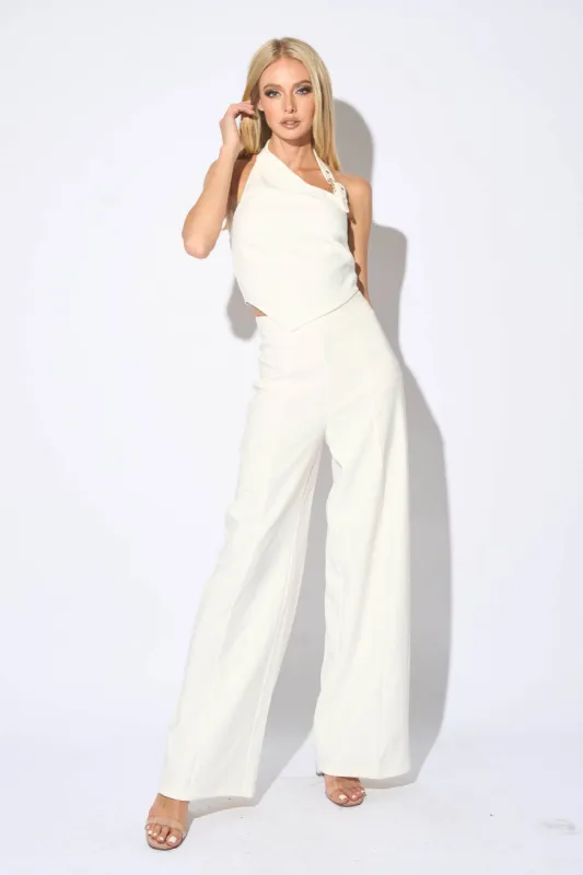 CHIC UNBALANCE CROPPED TOP & WIDE LEGS PANTS SET sold by privy